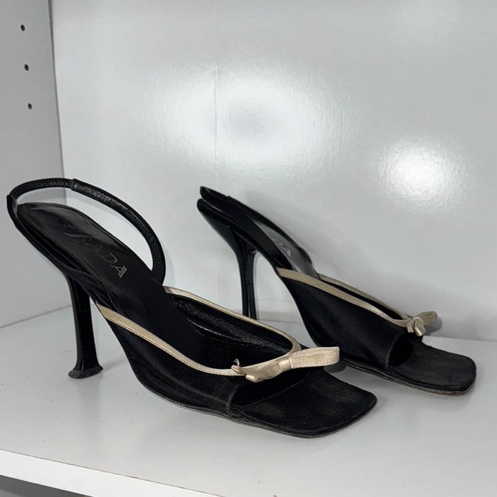 Prada Black and Cream Women's Heels - Picture 1 of 4